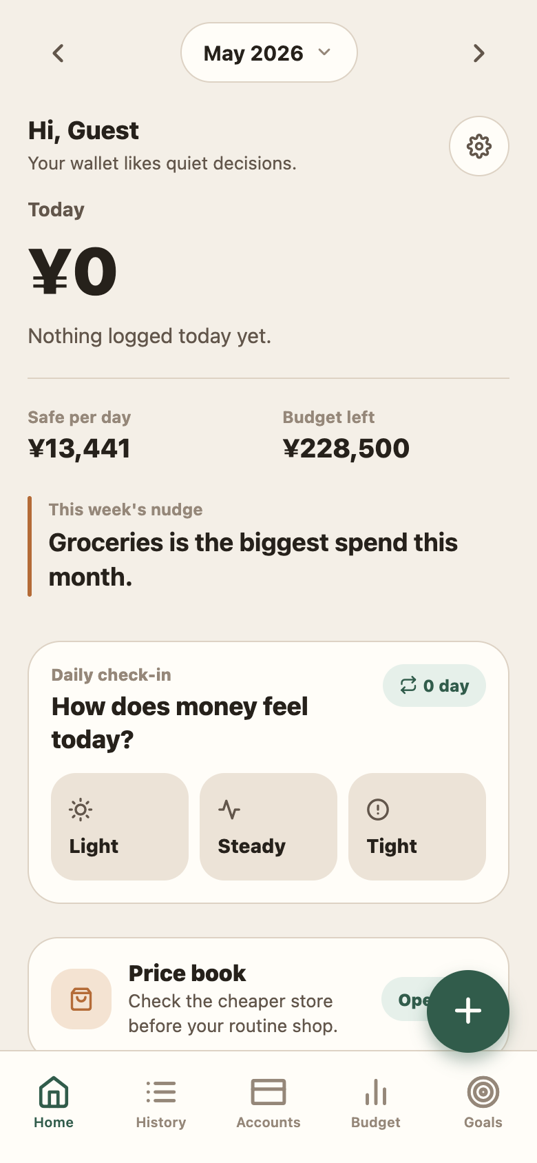 Dashboard — safe daily spend, budget left, weekly nudge, and daily mood check-in