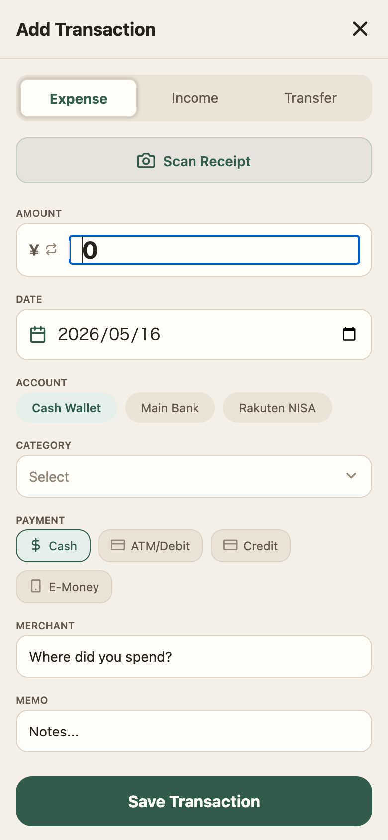 Add transaction — Scan Receipt (OCR), multi-account picker, payment method