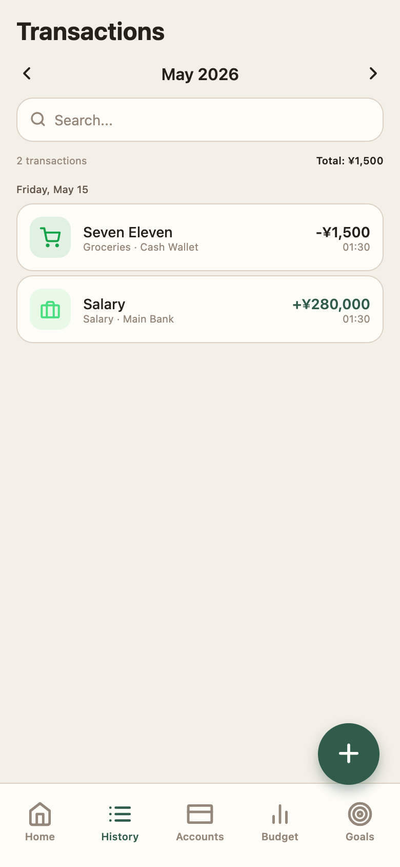 History — transactions grouped by date with category and wallet context