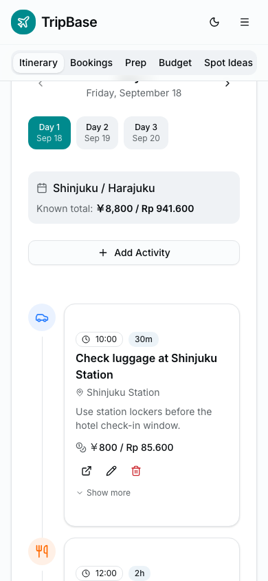 Real TripBase itinerary timeline captured with mock data, keeping day plans editable before cloud sync.