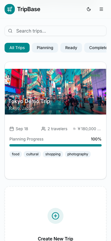 Real TripBase dashboard captured from a sanitized local seed, showing the mock trip card and destination image.